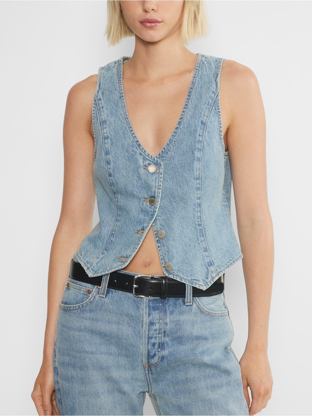 Denim V-Neck Button Vest - Light Blue